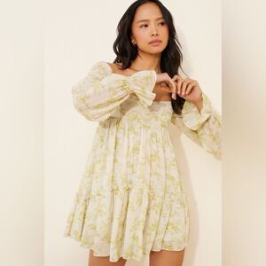 Urban Outfitters Lannette Long Sleeve Mini Dress in Green and White Floral